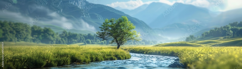 Tranquil river valley scene with flowing water, green meadows, and distant mountains, tilt-shift blur effect, focus on landscape, dynamic, manipulation, scenic beauty backdrop Tranquil river valley scene with flowing water, green meadows, and distant mountains, tilt-shift blur effect, focus on landscape, dynamic, manipulation, scenic beauty backdrop