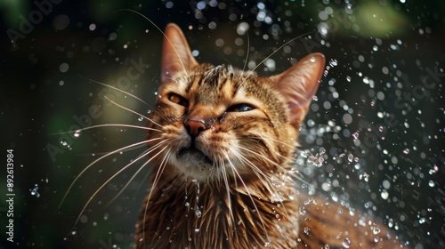 A wet Bengal cat shaking off water droplets after a bath, with a playful expression