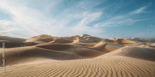 Cinematic frame of rolling sand dunes under mid-afternoon sun captured with wide-angle lens low angle view
