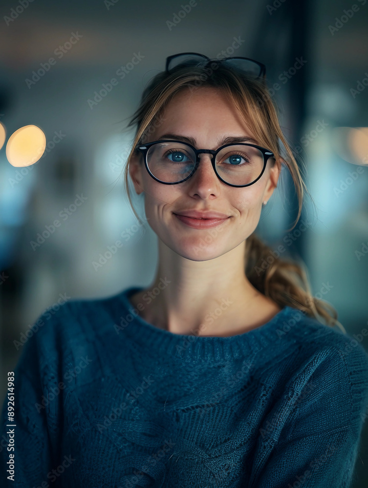 Semi-Portrait of a 35-Year-Old Woman in Glasses and Blue Sweater Smiling Gently at the Camera, Pictured in a Late Evening Office Setting with a Blurry Background in Blue Tones
Semi-Portrait of a 35-Year-Old Woman in Glasses and Blue Sweater Smiling Gently at the Camera, Pictured in a Late Evening Office Setting with a Blurry Background in Blue Tones