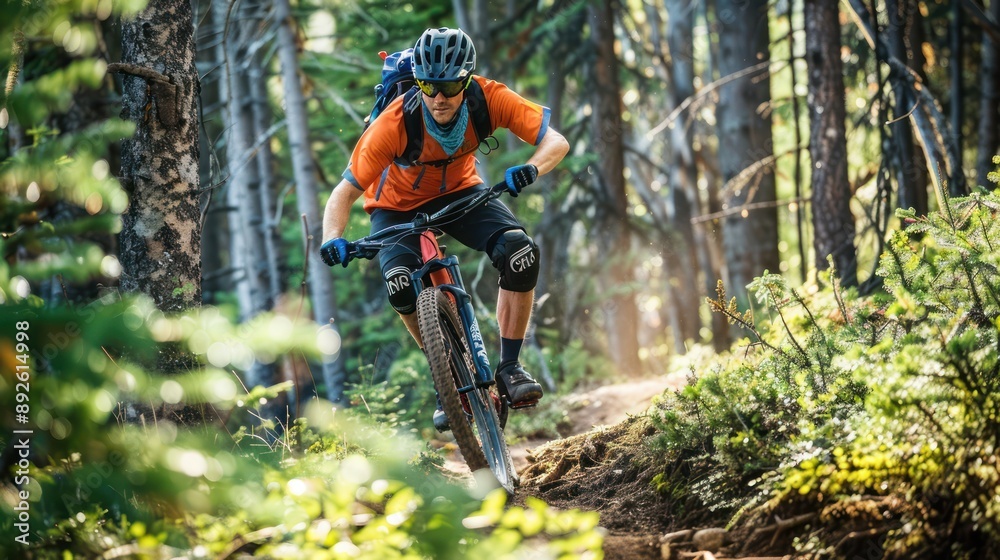 Fototapeta premium Mountain biker riding a challenging trail