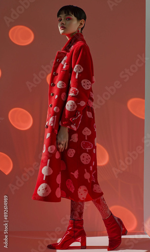 Full-Length Portrait of a Photorealistic Female Model in a Red Coat with Pink Mushroom Patterns Captured in Studio Lighting for a Fashion Magazine
 photo