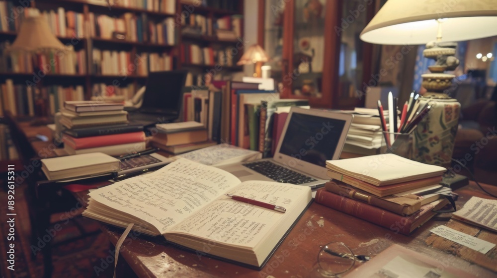 A writer's desk cluttered with notebooks, pens, and a laptop, illustrating a productive workspace A writer's desk cluttered with notebooks, pens, and a laptop, illustrating a productive workspace