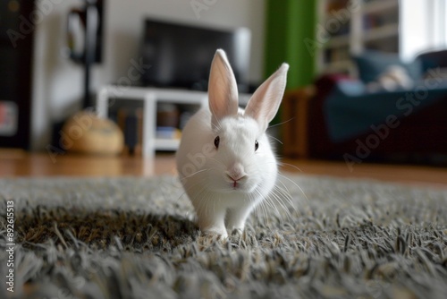 A cute white rabbit curiously explores an indoor living room, highlighting its playful nature and the cozy home environment.
 photo