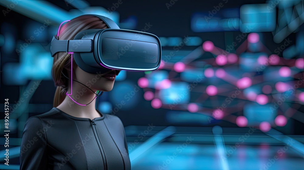 A woman wearing a virtual reality headset interacts with a digital network, reaching out with her right hand to touch a glowing orb. A woman wearing a virtual reality headset interacts with a digital network, reaching out with her right hand to touch a glowing orb.