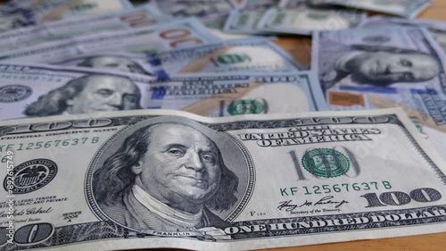 Wallpaper Mural Stack of US Hundred Dollar Bills on Wooden Table - Close Up Torontodigital.ca