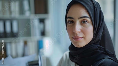 Hijab girl analyzing reports, clean minimal office, seeing in camera, white setting, ultra-wide angle shot, professional photography. © StudioX180