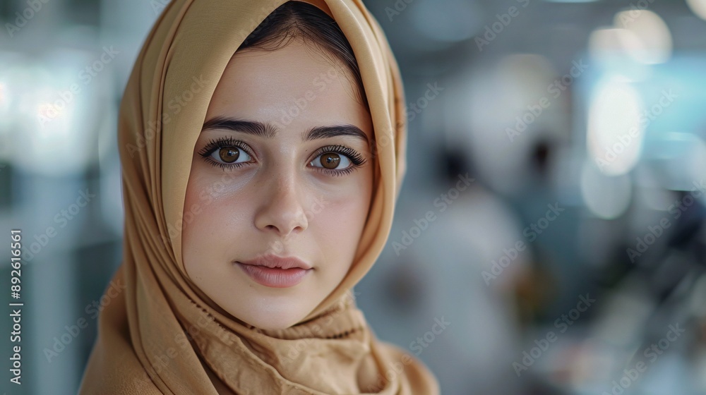 Hijab girl looking determined, clean minimal office, seeing in camera, white setting, ultra-wide angle shot, professional photography.