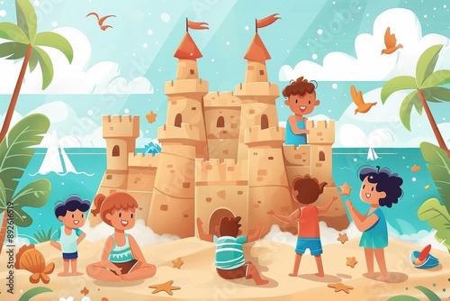 Kids Playing on the Beach with Sandcastle
