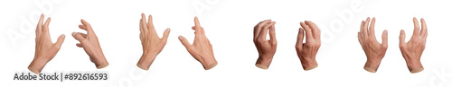 Both two hands reaching, touching, holding and taking something invisible, set isolated on white background..
