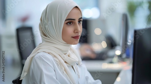 Hijab girl using computer, clean minimal office setup, seeing in camera, white setting, ultra-wide angle shot, professional photography.