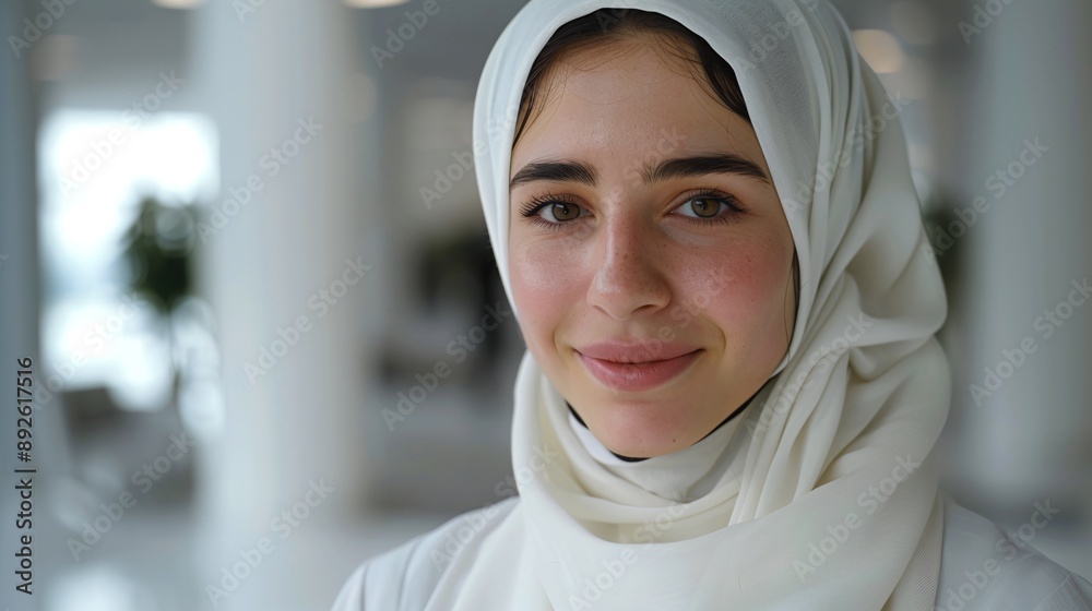 Hijab girl with a friendly smile, clean minimal workspace, seeing in camera, white setting, ultra-wide angle shot, professional photography. Hijab girl with a friendly smile, clean minimal workspace, seeing in camera, white setting, ultra-wide angle shot, professional photography.