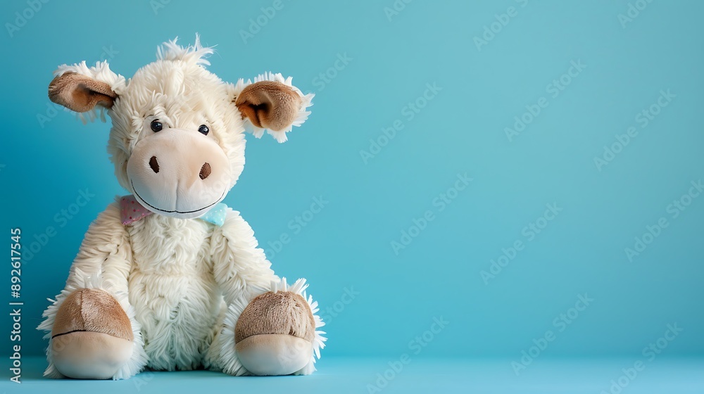 Fototapeta premium Teddy cow seated on blue background