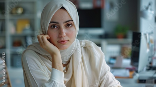 Hijab girl with a thoughtful pose, clean minimal office, seeing in camera, white setting, ultra-wide angle shot, professional photography.