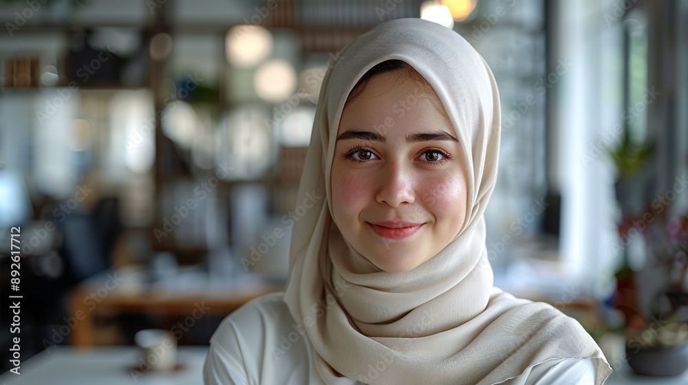 Hijab girl with a warm smile, clean minimal workspace, seeing in camera, white setting, ultra-wide angle shot, professional photography.