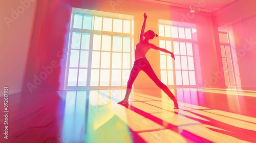 A slender person doing aerobics in a bright studio, energetic and fun, photorealistic, vibrant colors, highresolution photo