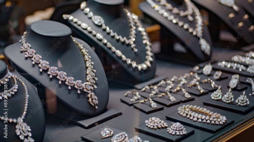 Fototapeta premium An elegant display of various diamond jewelry pieces, including necklaces, earrings, and bracelets, showcasing luxury
