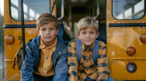 Two cute school boys sitting on the steps of a school bus. The concept of school and learning
