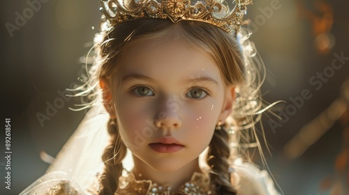 A young girl dressed as a princess, with a crown and dress, regal and joyful, realistic, soft lighting, high detail