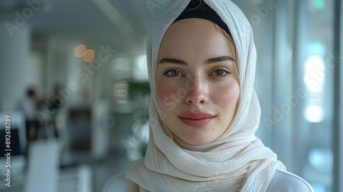 Professional mid-aged hijab Muslim woman, clean minimal office workspace, seeing in camera, white setting, close-up frontal shot, professional photography.