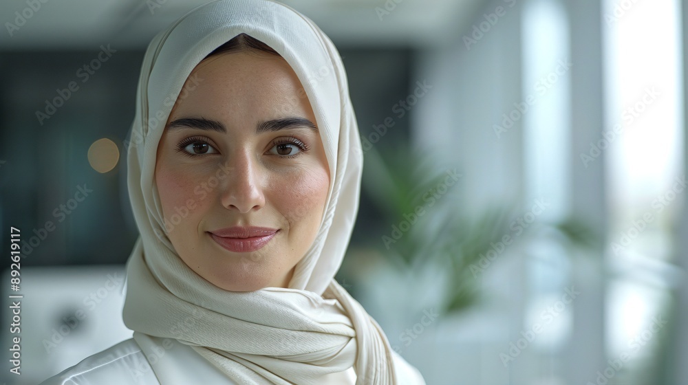 Professional mid-aged hijab Muslim woman, clean minimal office, smiling softly, white setting, close-up frontal shot, professional photography. Professional mid-aged hijab Muslim woman, clean minimal office, smiling softly, white setting, close-up frontal shot, professional photography.