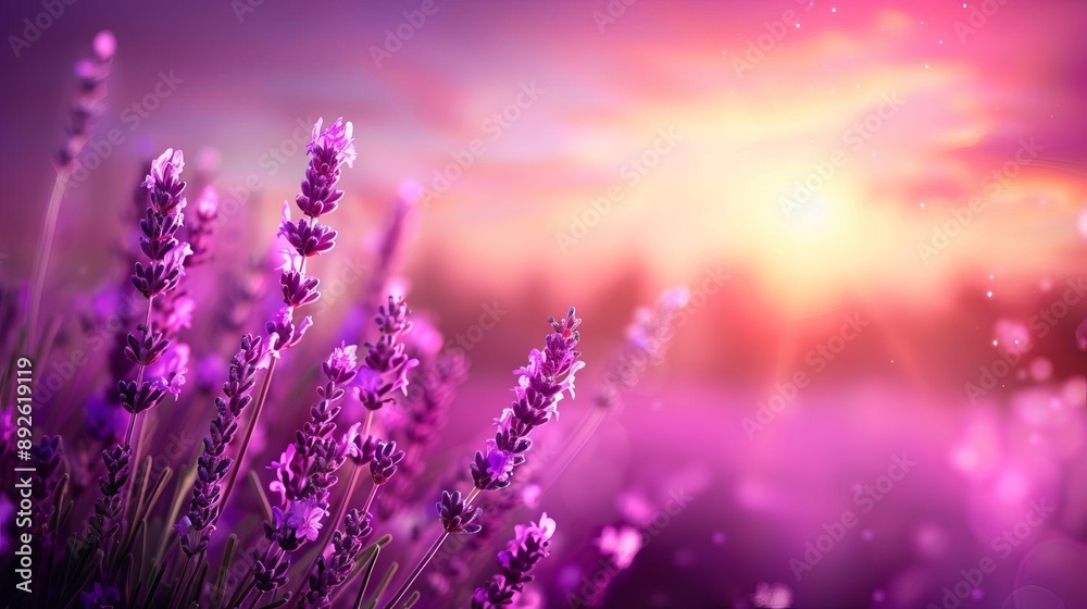 Naklejka premium Enchanting Lavender Field Beneath a Dreamy Purple Twilight Sky A Serene Landscape Capturing Natures Tranquility and Beauty