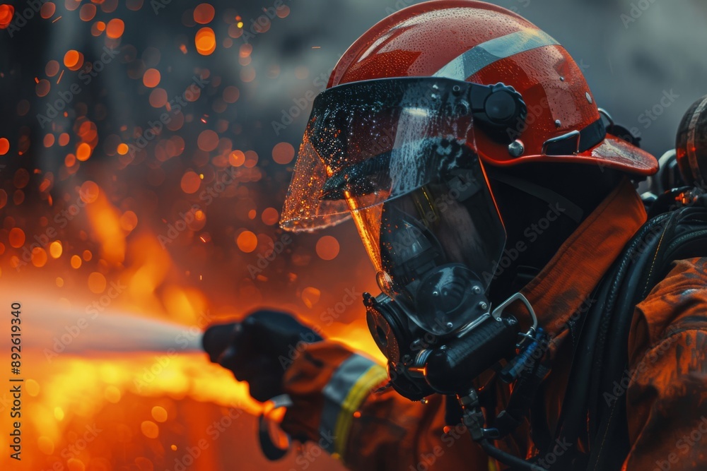 A brave firefighter holds a powerful hose, ready to extinguish flames. The helmet and uniform signify their importance in emergency situations. A brave firefighter holds a powerful hose, ready to extinguish flames. The helmet and uniform signify their importance in emergency situations.