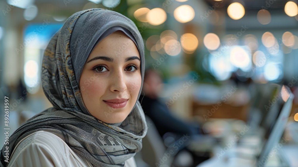 Professional mid-aged hijab woman, clean call center setting, scheduling appointments on a computer, wide-angle shot, still life photo. Professional mid-aged hijab woman, clean call center setting, scheduling appointments on a computer, wide-angle shot, still life photo.