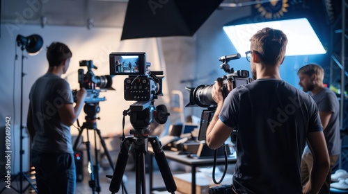 Team of videographers and editors working together on a video marketing project in a studio setting