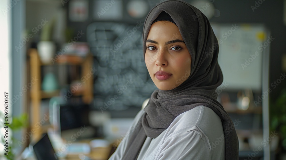 Professional mid-aged hijab woman, clean call center setting, brainstorming ideas on a whiteboard, wide-angle shot, still life photo. Professional mid-aged hijab woman, clean call center setting, brainstorming ideas on a whiteboard, wide-angle shot, still life photo.