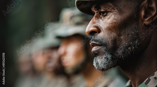 A line of soldiers in uniform, side by side, emphasizes unity, teamwork, and the strength that comes with standing together in uniformity and perseverance. photo