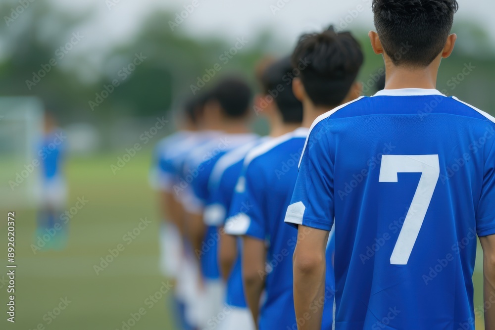 Fototapeta premium Soccer Players Lined Up in Blue Jerseys