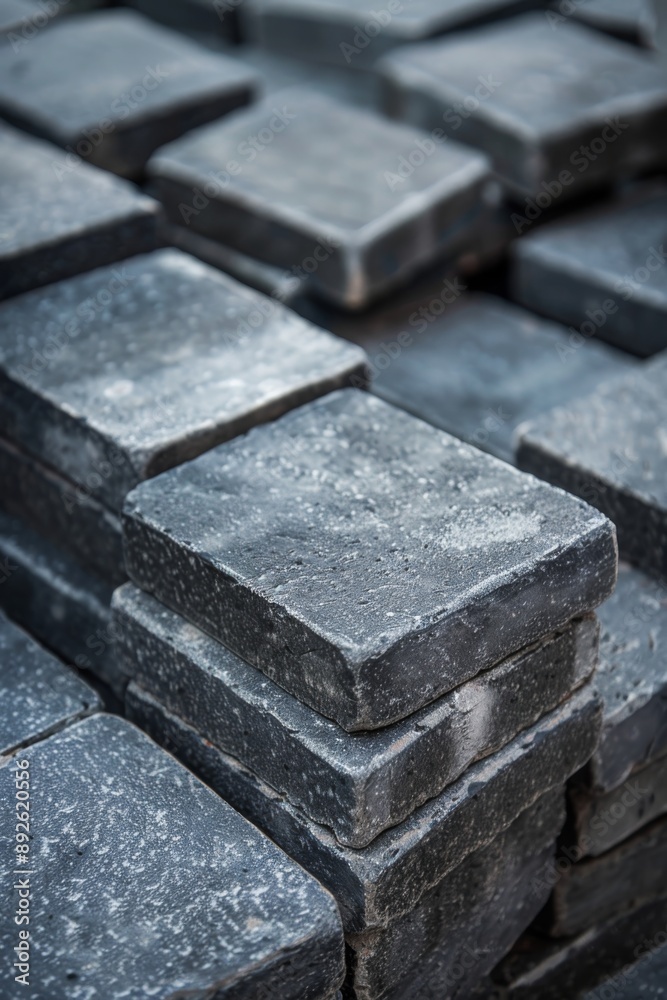 A neat stack of gray square pavement bricks, perfectly aligned and ready for construction. The bricks are weathered to a uniform gray tone, with slight texture and variation. A neat stack of gray square pavement bricks, perfectly aligned and ready for construction. The bricks are weathered to a uniform gray tone, with slight texture and variation.