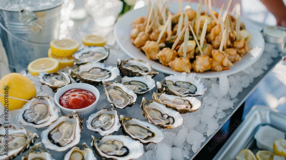 A table with a variety of seafood, including oysters, and a bowl of ketchup A table with a variety of seafood, including oysters, and a bowl of ketchup