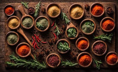 Tableau sur toile  Assorted Spices and Herbs in Wooden Bowls  © N.Coleman