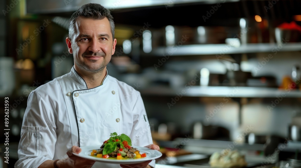 Chef portrait of a chef holding a plate of gourmet cuisine. Chef portrait of a chef holding a plate of gourmet cuisine.