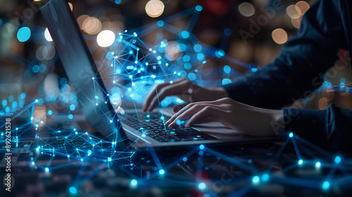 Technical support customer service concept software engineer using laptop computer with customer support and global network