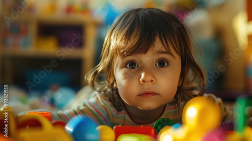 Close-up child portrait of a girl playing with colorful toys.