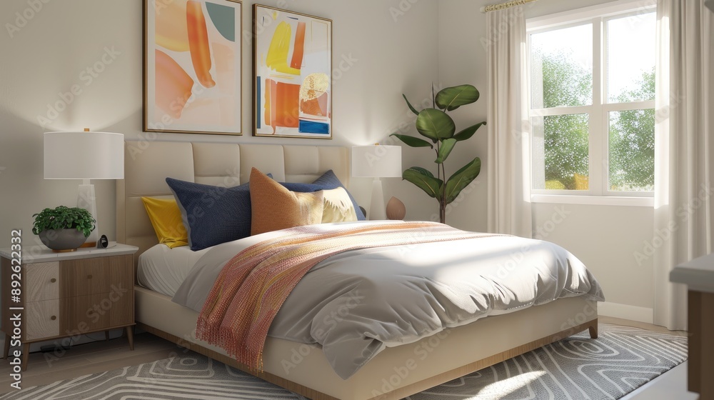 Fototapeta premium Bright modern bedroom with a statement headboard, stylish bedding, and abstract artwork.