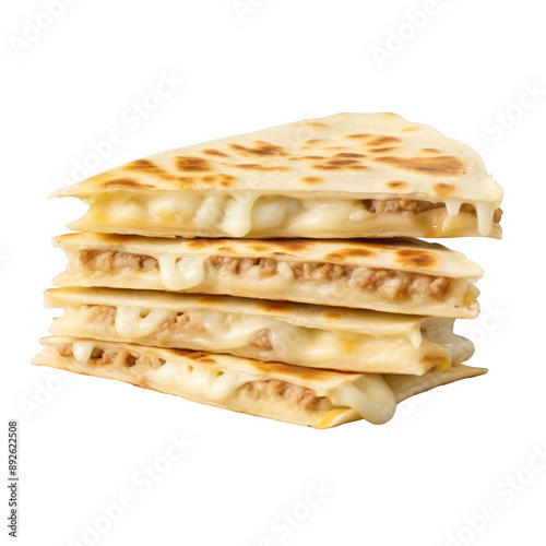 Isolated Quesadilla Stacked with Melted Cheese and Chicken Filling.