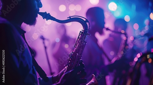 Silhouettes of jazz musicians playing saxophone and trumpets on stage with purple lights. photo