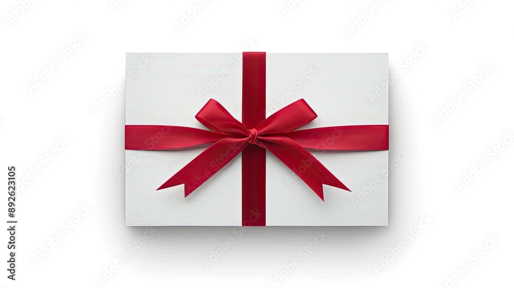 A white gift box with a red satin ribbon bow, neatly tied and presented on a white background A white gift box with a red satin ribbon bow, neatly tied and presented on a white background