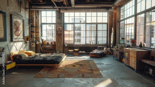 Industrial loft bedroom with large windows, concrete floors, and eclectic furniture. photo