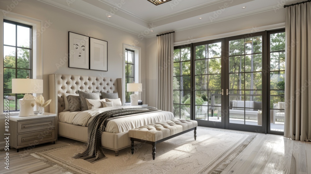 Sophisticated modern bedroom with a combination of high-end finishes, clean lines, and natural light. Sophisticated modern bedroom with a combination of high-end finishes, clean lines, and natural light.