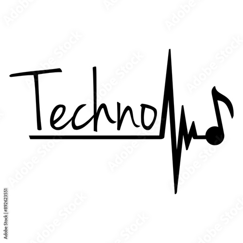 Techno Music is my Life Pulse Frequency Heartbeat Club DJ Party Letters Saying Quote Text Clef Note French Violin Treble Musical Bass Instrument Sound Love Icon Symbol Design