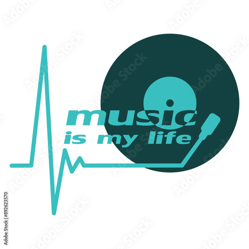Music is my Life Pulse Frequency Heartbeat Vinyl Record Plate Club DJ Party Letters Saying Quote Text Clef Note French Violin Treble Musical Bass Instrument Sound Love Icon Symbol Design
