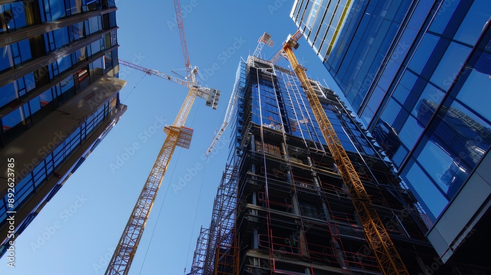 Construction of modern office building with cranes. Construction of modern office building with cranes.