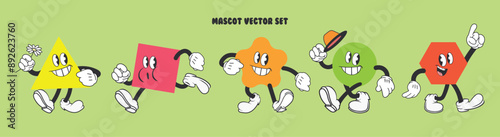 Vintage cartoon mascot template, abstract colorful geometric shapes with faces, hands and legs, set in different poses, retro logo, vector	