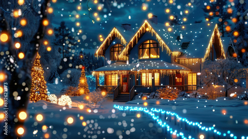 Wallpaper Mural Cozy winter house decorated with colorful lights, snow-covered landscape, and festive atmosphere during the holiday season Torontodigital.ca