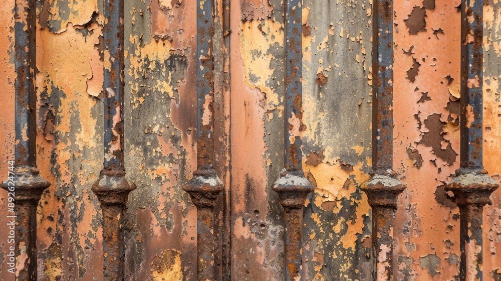 Aged iron fence with peeling paint and rust in close up with copy space and warm background Aged iron fence with peeling paint and rust in close up with copy space and warm background